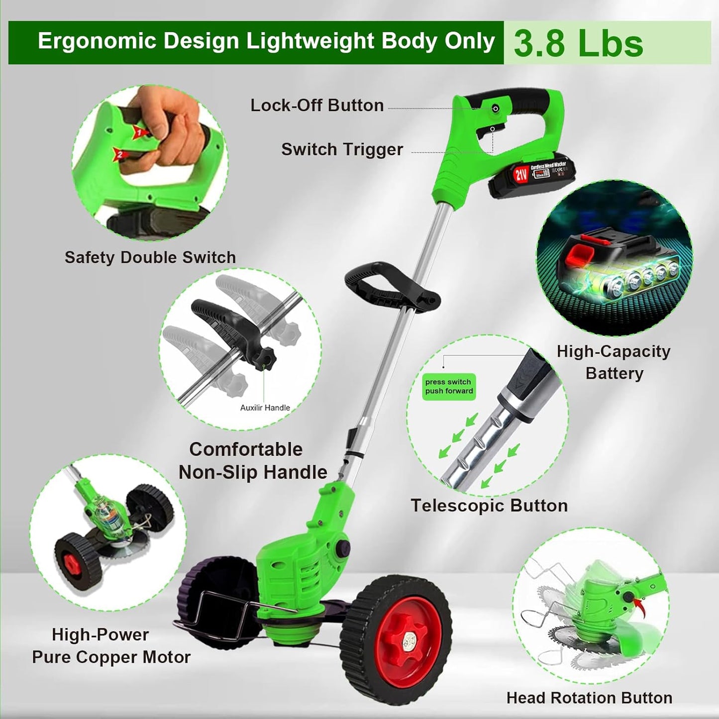 Electric Weed Wacker Eater Cordless Battery Powered, Weed Trimmer 21V Lightweight No-String with 2 Battery Operated & Wheels, 3 in 1 Stringless Grass Trimmer/Edger/Brush Cutter for Garden Yard Lawn