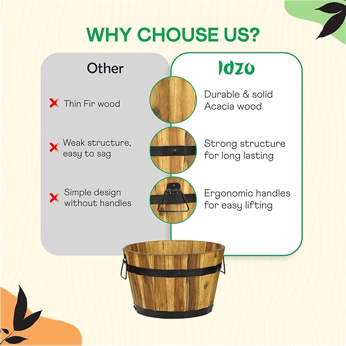 IDZO Set of 3 Wooden Flower Planters for Outdoor Plants, Acacia Wood Barrel Planters, Ergonomic Handles, Drainage Holes, Various Sizes, Golden Teak