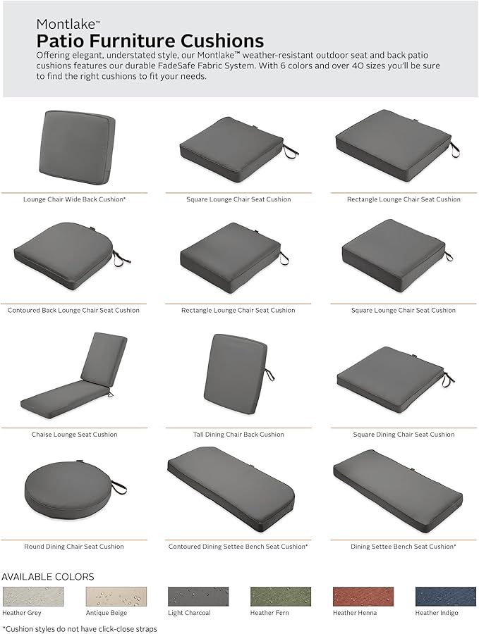 Classic Accessories Montlake Water-Resistant 23 x 20 x 4 Inch Patio Lounge Back Cushion, Light Charcoal Grey, Outdoor Loveseat Cushions