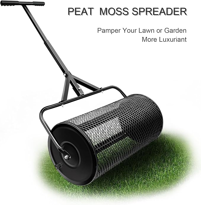 Compost Spreader, Durable Lawn Roller, Manure Spreader with Upgrade T Shaped Handle, Top Soil Spreader for Lawn and Garden Care Manure Spreaders Roller (16 Inch-T-Black-S)