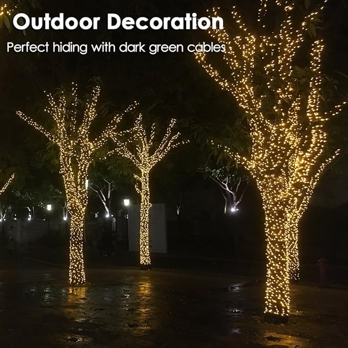 Christmas Light 500 LEDs 172ft Green Cable Wire Fairy String Outdoor Twinkle Lights Plug in 12 Modes for Xmas Party, Garden, Wedding, Home Decoration (Warm White)