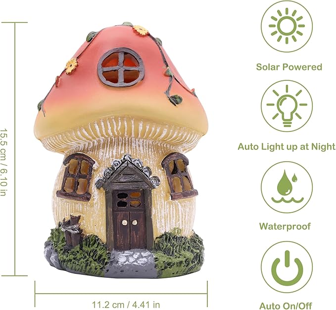 Attivolife Mushroom Fairy House Solar Light, Outdoor Home Garden Resin Statue Flickering LED Lamp, Lawn Porch Patio Yard Backyard Plant Decoration, Unique Gift for Women Mom Housewarming Birthday