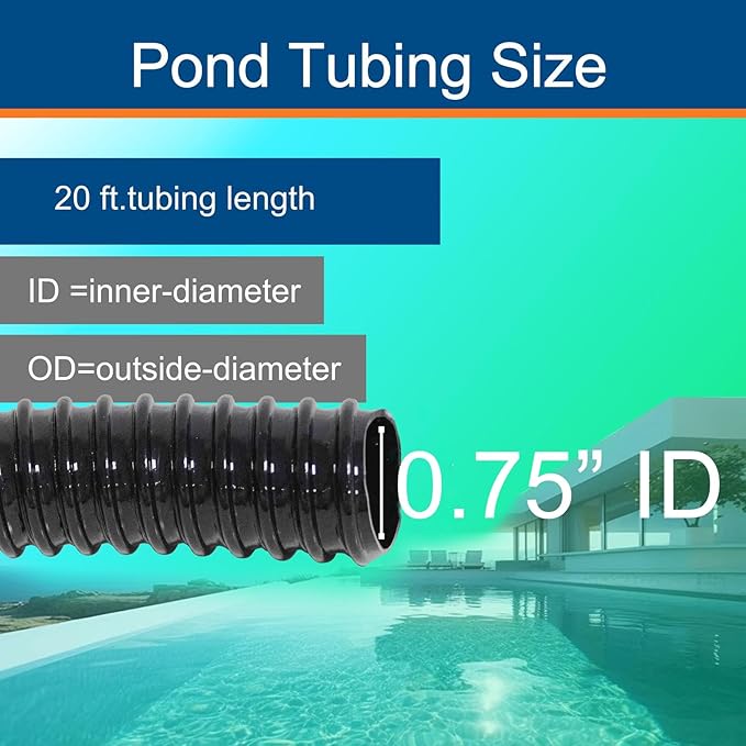 0.75 Inch Pond Tubing, 3/4" ID Corrugated Water Pipe, 20 Feet Length Flexible PVC Hose Pipe with Pipe Fittings, Aquarium, Pond Waterfall, Garden Pond Pump Drainage Tube Black