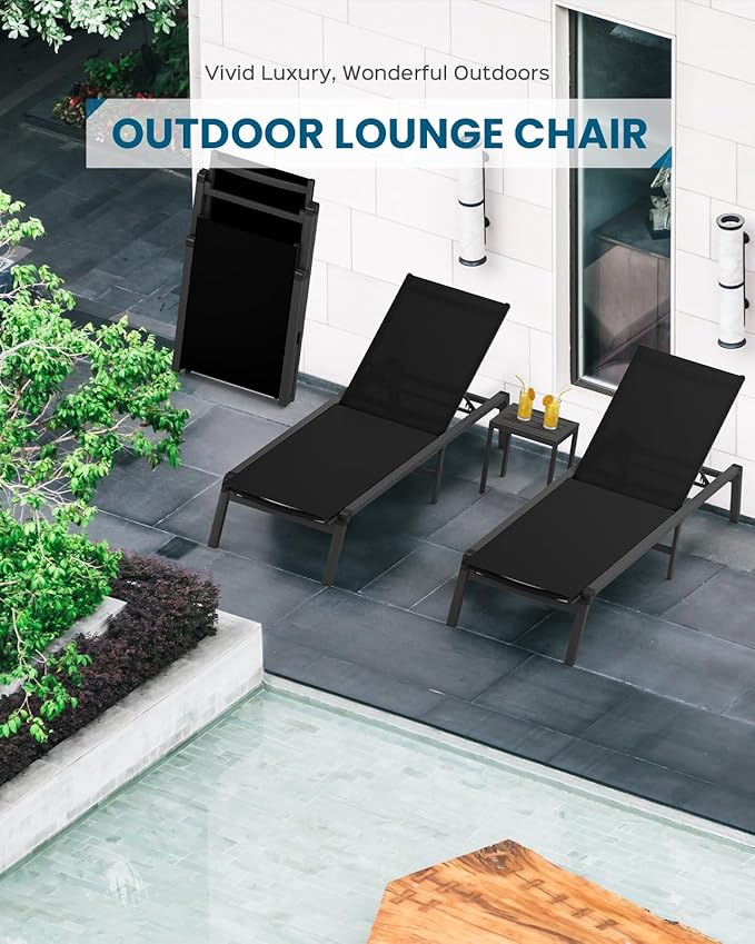 Chaise Lounge Outdoor, Foldable Aluminum Pool Lounge Chairs with 5 Positions Recliner - Free Assembly - Patio Chaise Lounge Chair for Poolside, Beach, Yard (Black)