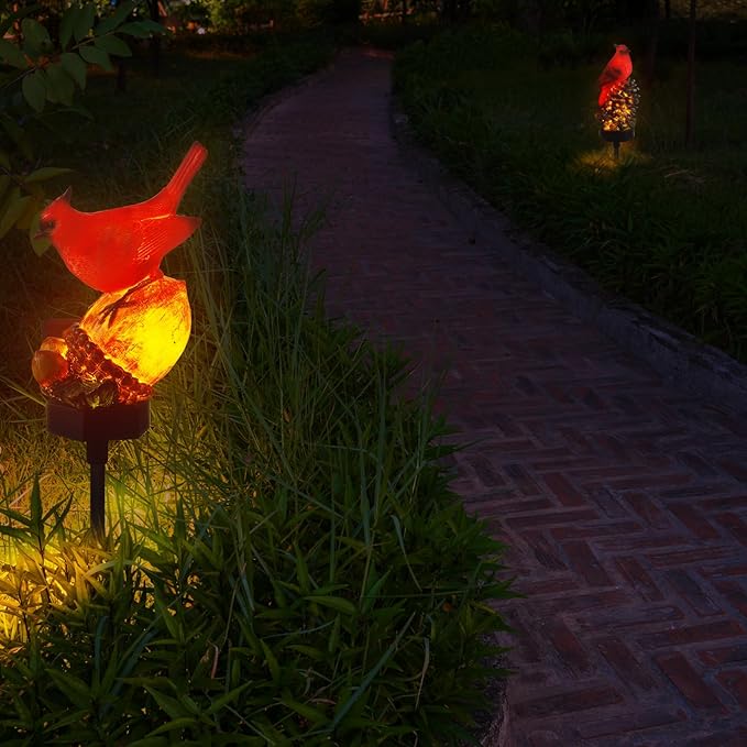 Capoda 2 Pieces Cardinal Garden Decorations Resin Bird Figurine Solar Light Stake Waterproof Light Stake Outdoor Decorations for Patio Yard Lawn Porch Pathway Christmas Decoration