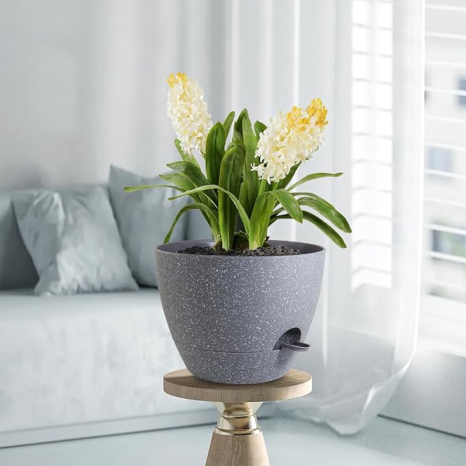 12 inch Large Self Watering Pots, Plant Pots with Mesh Drainage Holes for Indoor Outdoor Plants, Plastic Planters with Deep Reservoir for Garden House Flower Plants, Speckled Grey