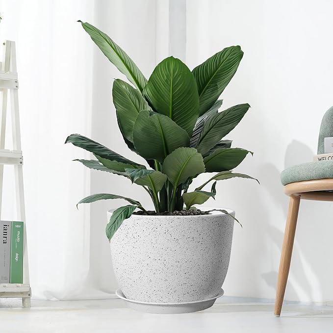 12/10/9 Large Modern Plant Pots, Plastic Planters with Drainage Holes and Saucers for Indoor Outdoor Plants Flowers, White Speckles