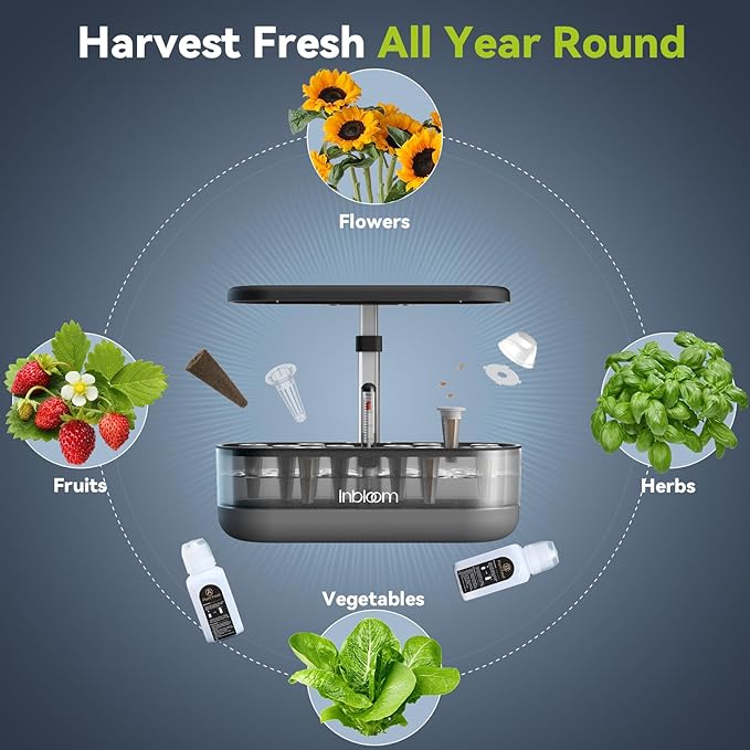 inbloom 12 Pods Hydroponics Growing System Kit, Herb Garden Planter Indoor Kit, Indoor Gardening Hydroponics Growing System with 4.2L Water Pump, Height Adjustable, Gifts for Woman, Transparent Black