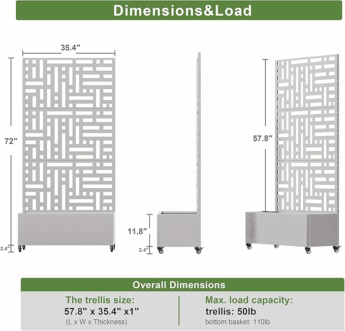 Casaphoria Metal Raised Garden Bed with Trellis and Wheels, 72"x35"x16" Planter Box for Climbing Plants, Vegetables & Vines, Features Drainage Holes and Privacy Screen (Grey-Helen)