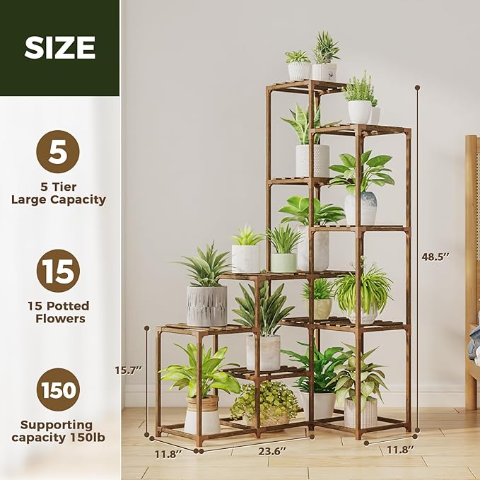 Bamworld 55“ Tall Plant Stand Indoor Outdoor Corner Plant Shelves Wood Plant Holder for Living Room Flower Stand Plant Rack for Multiple Plants Living Room Patio Balcony Garden 05D
