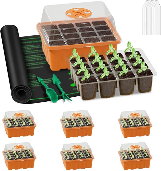 GooingTop Seedling Trays + Heat Mat 10''x20.7'', 6 Pack 72 Cells Plant Grow Starter with Adjustable Humidity Vent for Mini Greenhouse Garden Germination,Bonsai Seed Starting Growing