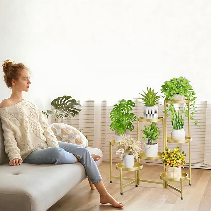 iDavosic.ly 7 Tier Large Plant Stand Indoor, 10 Inch Wide Tall Corner Metal Plant Stands Outdoor for Multiple Plants, Folding Tiered Flower Display Holder Rack Shelf, Gold