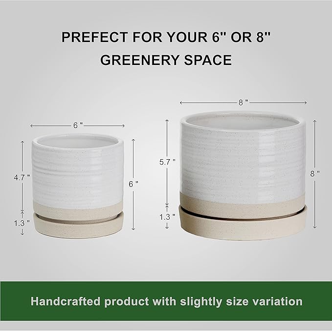 6 + 8 Inch Plant Pots, Ceramic Planter Pot with Drainage Hole & Saucer, Indoor/Outdoor Cylinder Round Planter Pot, Cream & Beige
