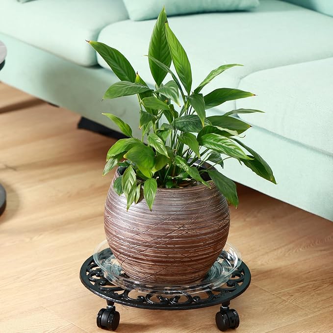 2 Packs 14 Inch Rolling Plant Stand with Wheels Metal Plant Caddy with Wheels Heavy Duty Round Plant Stand Indoor Iron Plants Rollers for Plants, Plant Dolly with Plant Saucers