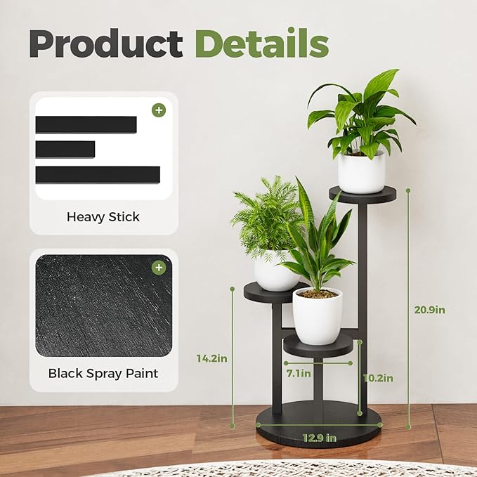 Bamworld 3 Tier Plant Stand Indoor Small Plant Shelf Outdoor Metal Tall Flower Holder Table Support Rack Garden Accessories for Plant Lovers(Black)