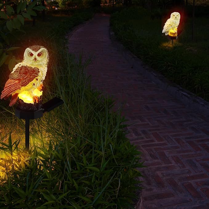 Capoda 2 Pieces Owl Garden Decorations Resin Owl Figurine Solar Light Stake Waterproof Animal Light Outdoor Decorations for Patio Yard Lawn Porch Pathway Decoration