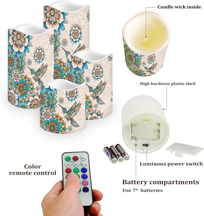 Ystardream Western Hummingbird Flameless Candles with Timer Led Candles Flickering 4 Candle Sets for Home Decor,18 Key Remote Control,Dancing Flames, True Wax, Battery Powered.