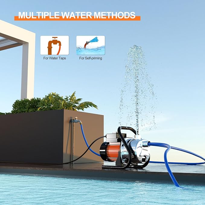 1.5 HP Portable Water Transfer Pump 1500 GPH Shallow Well Pump Garden Booster Sprinkler Pumps for Irrigation Lawn Farm Water Removal with Adapters, Orange