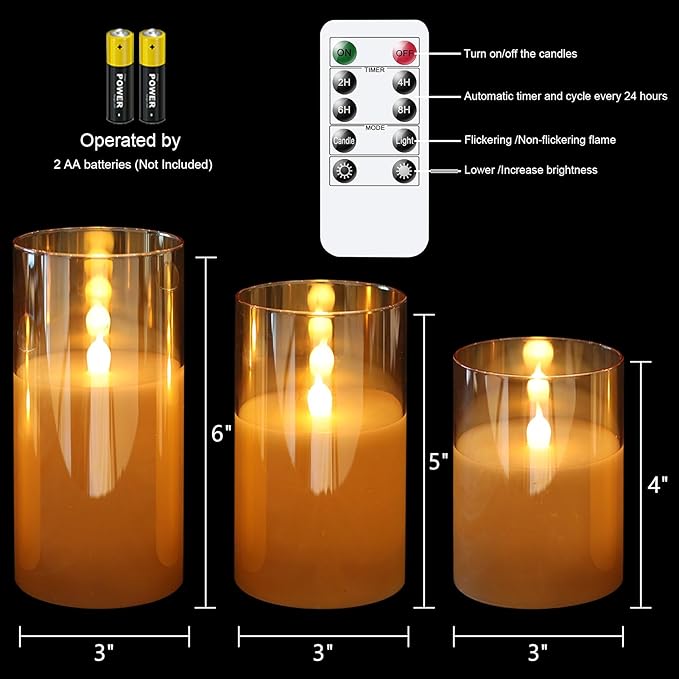 Glass LED Flickering Candles with Remote Timer, Flamless Pillar Candles Real Wax with 3D Wick Realistic, Home Decoration for Wedding Home Festival