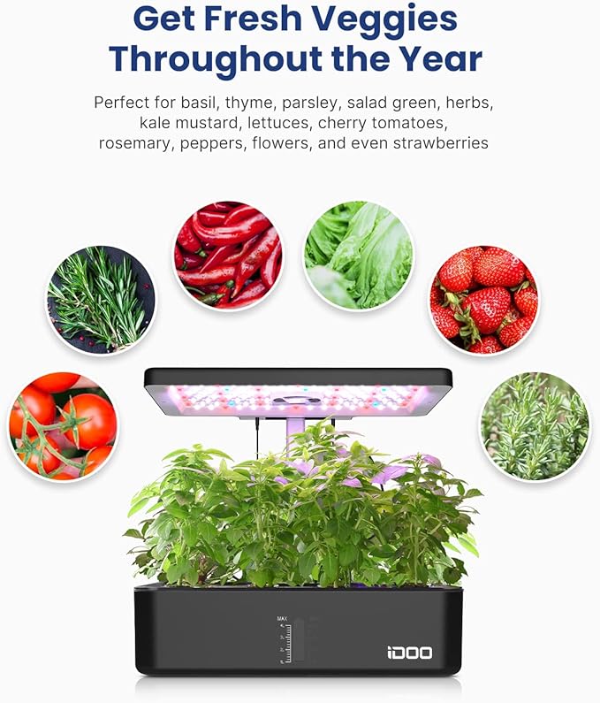 iDOO Hydroponics Growing System Kit 12Pods, Gardening Gifts for Women Mom, Indoor Herb Garden with LED Grow Light, Built-in Fan, Auto-Timer, Adjustable Height Up to 11.3", 12Pods-Black