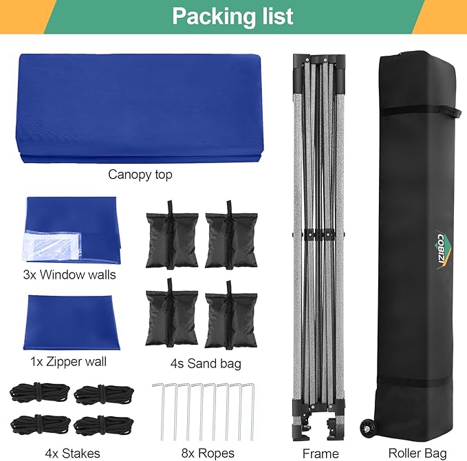 COBIZI 10x10 Ez Pop Up Canopy Tent with 4 sidewalls Heavy Duty Canopy UPF 50+, 100% Waterproof Outdoor Canopy Wedding Tents for Parties Instant Portable Gazebo with Roller Bag, Navy Blue