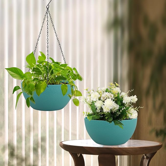 12 inch Large Hanging Planters for Indoor Outdoor Plants, 2 Pack Hanging Flower Plant Pots with Drainage Holes and Chain for Garden Porch, Plastic Hanging Baskets for House Plants, Blue Green