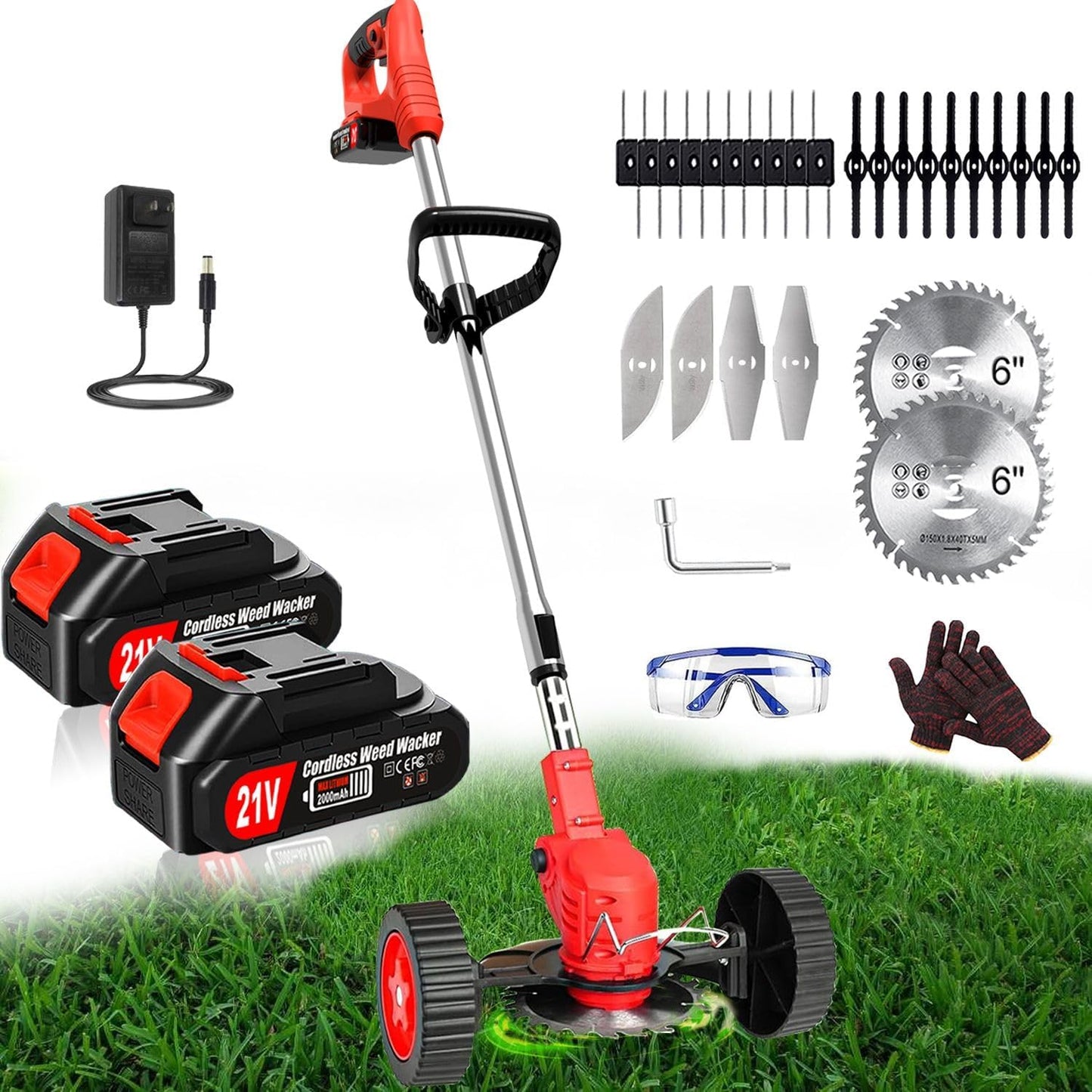 Electric Weed Wacker Eater Cordless Battery Powered, Weed Trimmer 21V Lightweight No-String with 2 Battery Operated & Wheels, 3 in 1 Stringless Grass Trimmer/Edger/Brush Cutter for Garden Yard Lawn