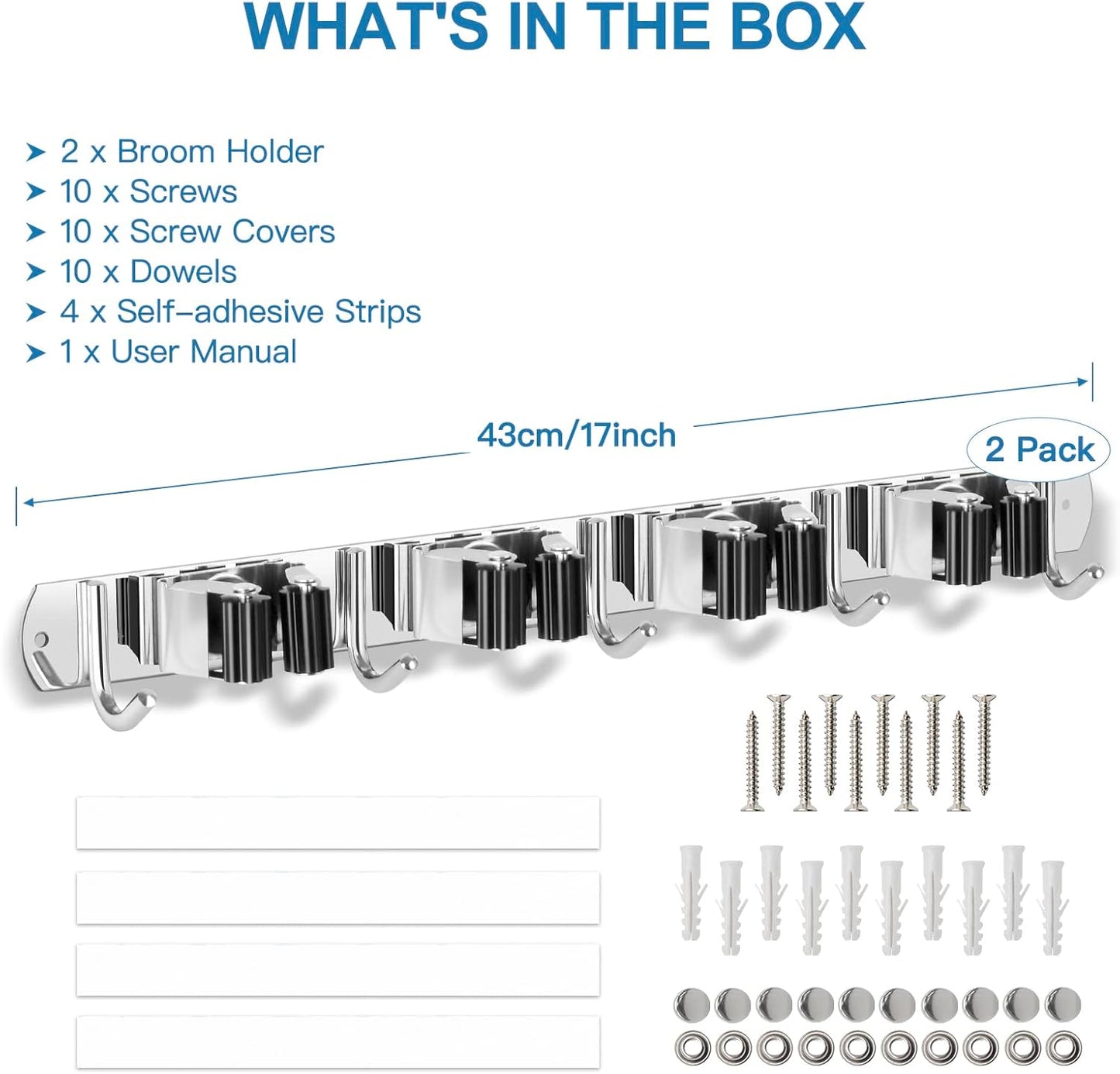 IMILLET 2 Broom Holder Wall Mounted, Stainless Steel Broom Mop Holder Self Adhesive Heavy Duty Hooks Storage Organizer for Home Laundry Room Garden Garage Closet Kitchen(4 Racks with 5 Hooks)