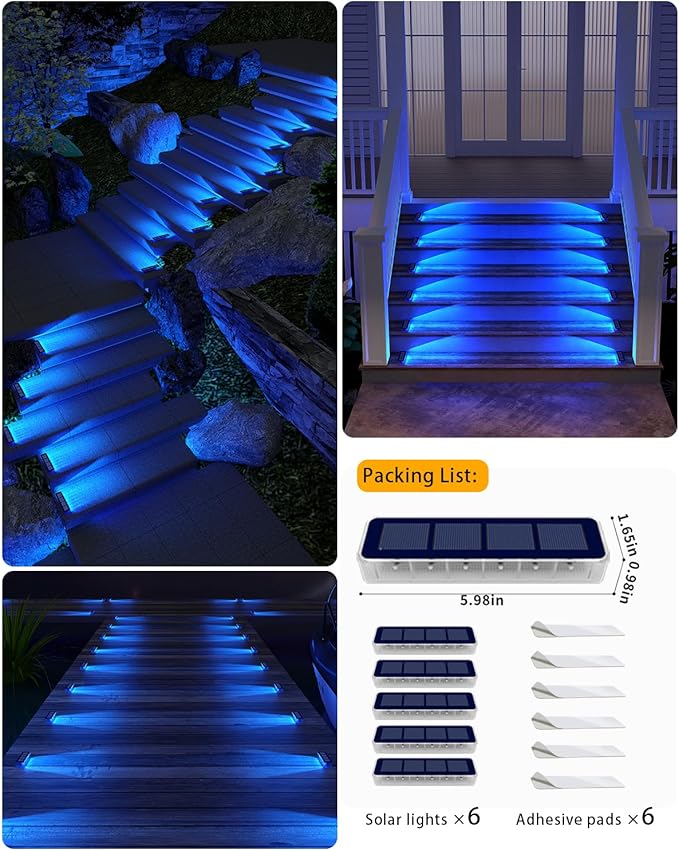 Blue Solar Lights for Outside,6 Pack Solar Deck Lights Outdoor Waterproof LED,Blue Step Light for Outside,Dock Light Solar Powered Waterproof for Deck,Steps,Dock,Driveway,Stair,Path