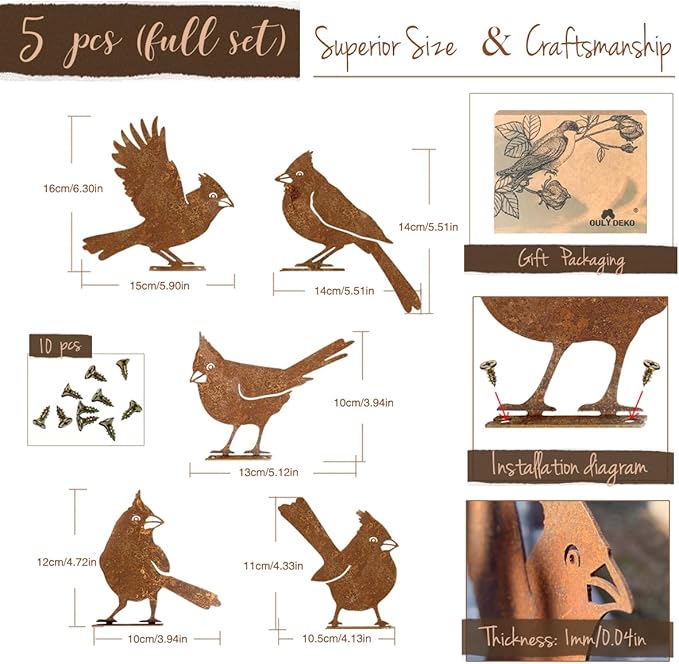 5PCS Rusty Birds Decoration, Fence Decorations Outdoor, Metal Birds Yard Decor Perfect Yard Art and Large Outdoor Ornaments, Cardinal Gifts
