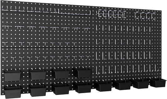 INCLY 158PCS Metal Pegboard Wall Organizer, 48x24 Inch Black Pegboard Panels Tool Organizer Kit with Accessories Hooks and Bins, Peg Board Utility Tool Storage for Garage Workbench Shed