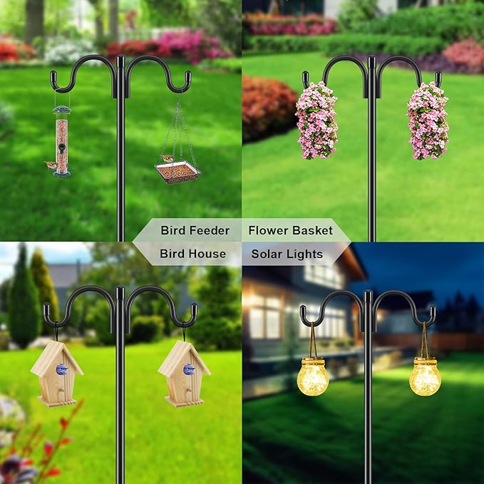 Gtongoko Double Shepherds Hook for Outdoor, 2 Pack 108 Inch Heavy Duty Bird Feeder Pole 3/4 Inch Thick Garden Hooks for Hanging Hummingbird Feeder, Plant Baskets, Solar Light Lanterns