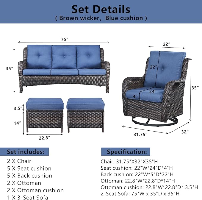 5 Piece Outdoor Patio Furniture Set - Wicker Furniture Patio Conversation Set, Outdoor Swivel Rocker Chairs with 3-Seater Sofa and 2 Ottomans for Small Space, Blue Cushion