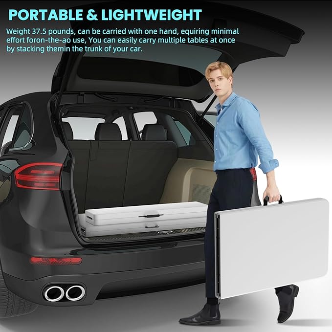 HLPB Folding Table Picnic Table, 8 ft Portable Camping Table with Handle and Safety Locks, Foldable Table Plastic Dining Table Indoor Outdoor for Camping, Picnic and Party