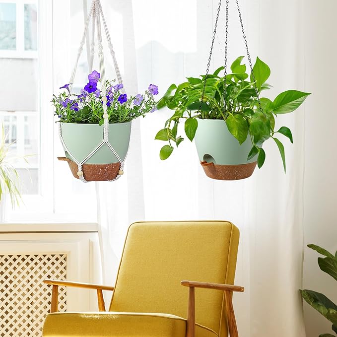 10 inch Self Watering Hanging Planters for Indoor Plants, 2 Pack Hanging Baskets for Outdoor Plants, Hanging Flower Pots with Drainage Holes & 2 Kinds of Plant Hangers for Home Decor, Green