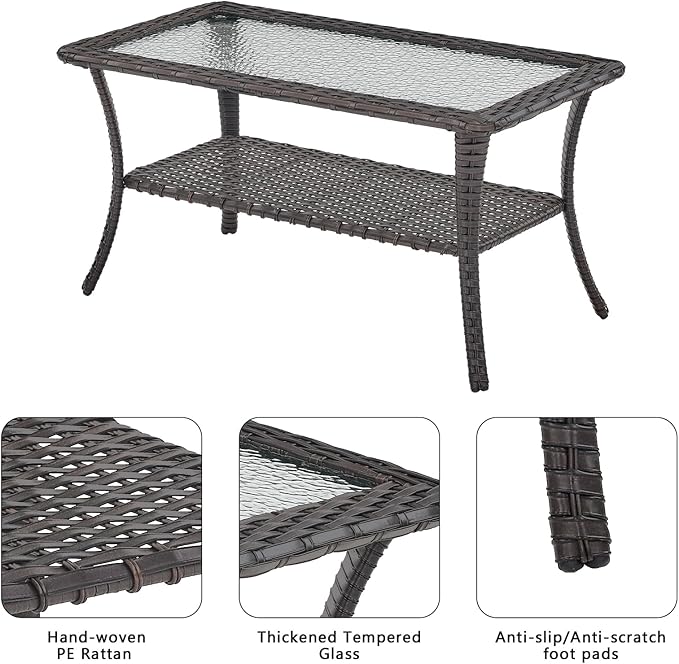 Outdoor Wicker Patio Furniture Set - 6 Piece Rattan Patio Conversation Set with 2 Rocking Swivel Chairs,2 Ottomans,1 Sofa and 1 Coffee Table for Porch Deck Backyard Garden(Brown/Grey)