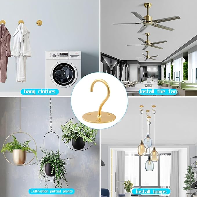 Ceiling Hooks for Hanging Plants- Metal Heavy Duty Wall Mounted Hangers for Hanging Bird Feeders, Planters, Wind Chimes, Include Professional Drywall Anchors (5 Pack) (Bright Gold)