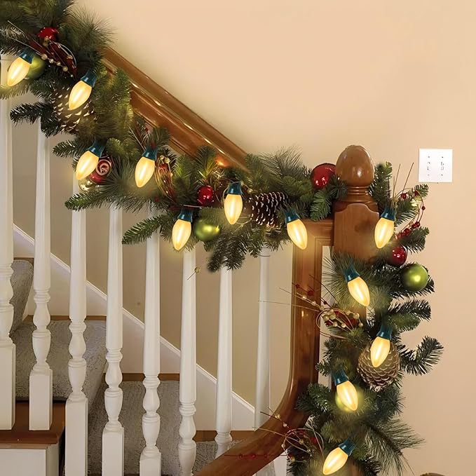 C7 LED Outdoor Frosted White String Lights, 25FT LED Outdoor Christmas Lights with 27 Clear Shatterproof Bulbs, Hanging Outdoor Decorations Vintage Christmas Lights for Party Tree Patio Garden Yard