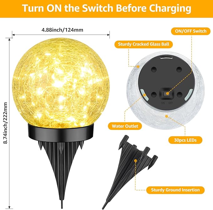 2-Pack Garden Solar Lights Outdoor, Cracked Glass Ball Light Waterproof, Decorative Solar Globe Lights Warm White for Yard Pathway Patio Lawn