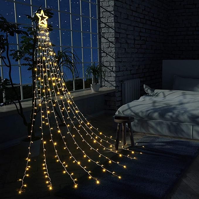 Toodour Christmas Decorations Outdoor Star Lights, 317 LED 10ft X 9 Waterfall Tree Lights with 12" Topper Star, 8 Lighting Modes Outside Christmas Lights for Yard Garden Holiday Decor (Warm White)