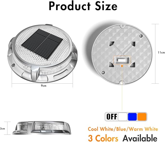 Quntis Solar Deck Lights Outdoor, 3 Color Modes Solar Driveway Lights IP68 Waterproof, Deck Light for Stair Pathway Walkway Pool Road (Blue/Cool White/Warm White) 2 Pack