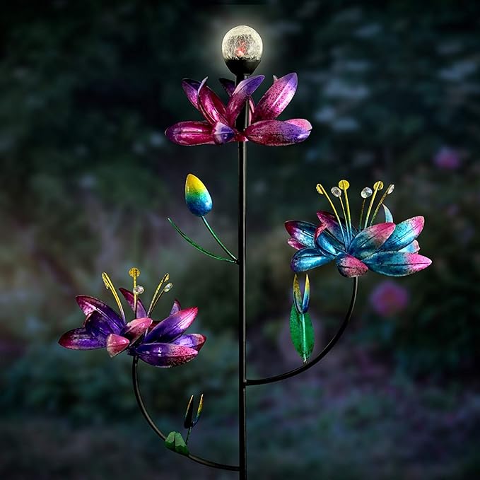 Exhart Garden Solar Lights, Lotus Flower Wind Spinner Garden Stake with Color Changing LED Crackle Ball and 3 Flowers, Outdoor Garden and Yard Decor, 20.5 x 70 Inch