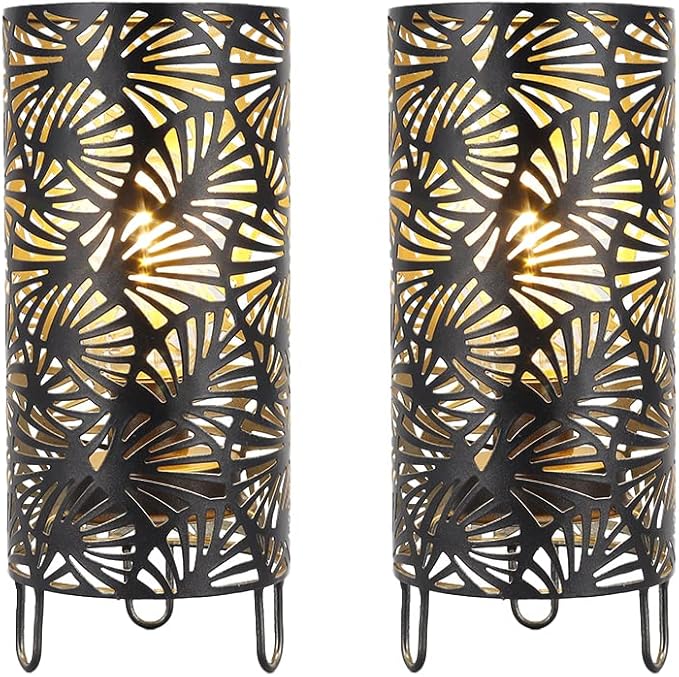 JHY DESIGN Set of 2 Metal Lamp Battery Powered 9''High Accent Cordless Lamp with LED Bulb Huge Fan Patterned Battery Lamp for Weddings Parties Patio Garden Indoors Outdoors Table Bed Room