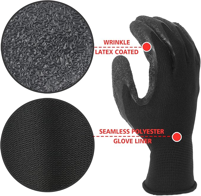 Evridwear Crinkle Latex Rubber Hand Coated Safety Work Gloves for Men Women General Multi Use Construction Warehouse Gardening Assembly Landscaping (XS-Size) 120 Pairs Pack