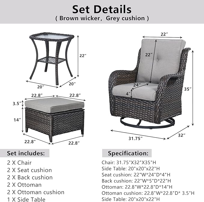5 Pieces Patio Furniture Sets Wicker Outdoor Furniture, Rattan Patio Swivel Glider Chairs with 2 Ottoman and Glass Side Table