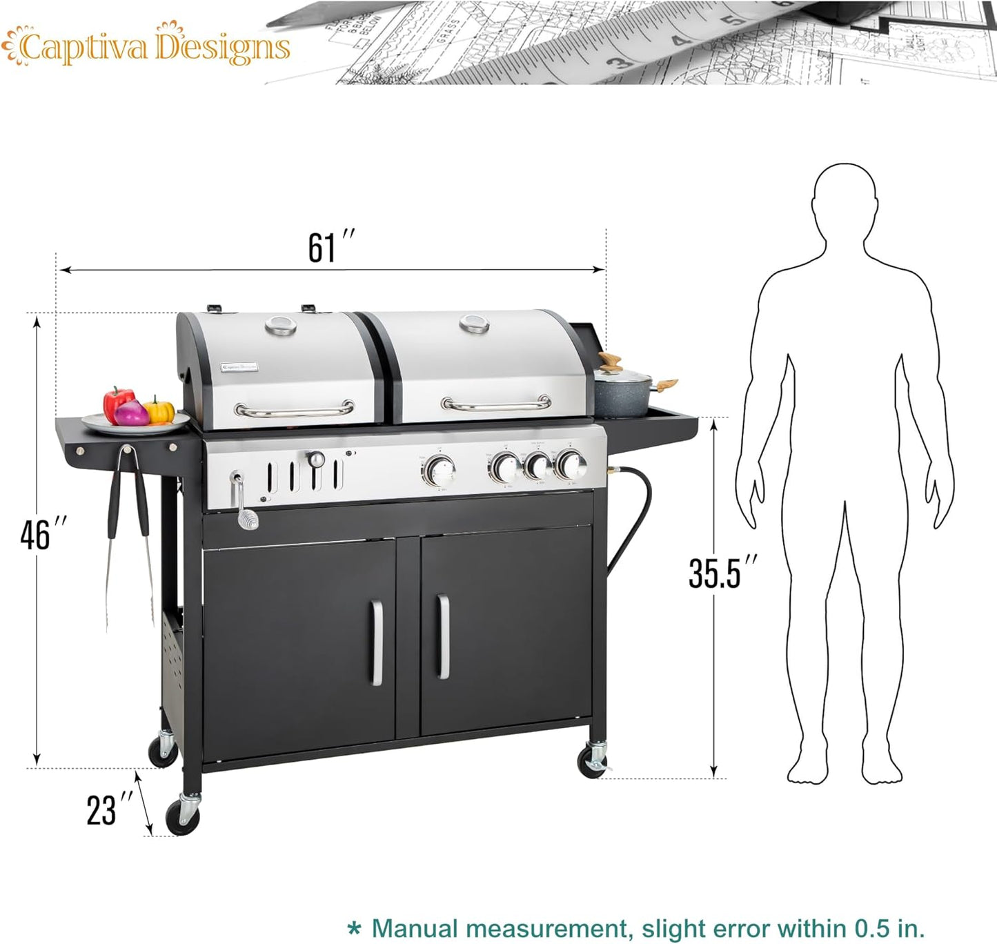 Captiva Designs Propane Gas Grill and Charcoal Grill Combo with Side Burner & Porcelain-Enameled Cast Iron Grate, Dual Fuel BBQ Grill for Outdoor Events & Backyard Barbecue, 690 SQIN Cooking Area