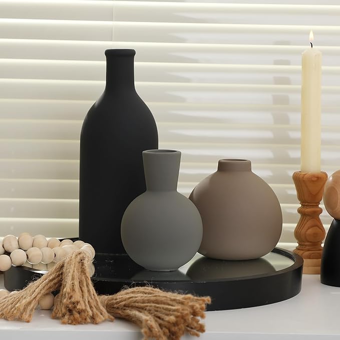 Ceramic Vase Set of 3, Vases Home Decor Rustic Farmhouse Decor Pottery Vases for Bouquet Pampas Grass Dried Fresh Flowers, Living Room, Kitchen, Bedroom, Bathroom, Entryway Mantel, Decor -Multicolor