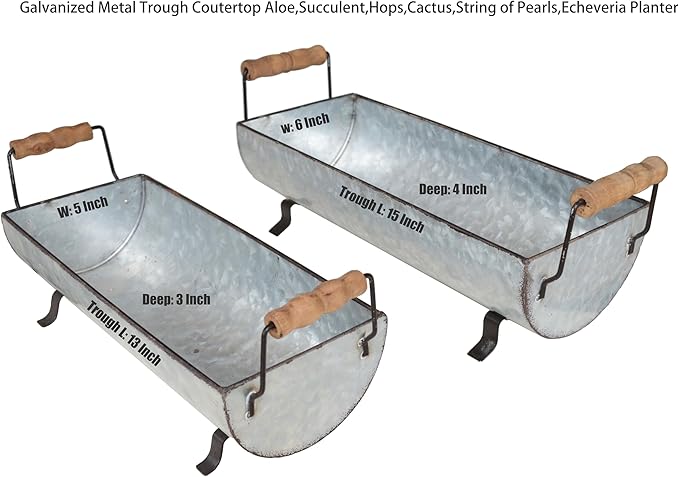 Galvanized Metal Trough Succulent Planter Farmhouse Metal Tray Rustic Tabletop Centerpiece Décor Set of 2
