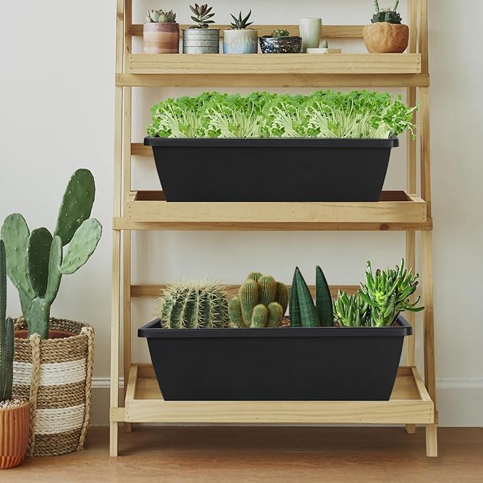 12Pcs 17Inches Rectangle Planter Box with Drainage Holes and Trays Plastic Planters Flower Boxes Pots for Indoor Outdoor Plants Patio Garden Home Decor Porch Yard (Black)