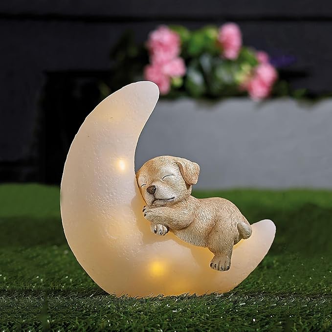 Garden Dog Statues Outdoor Decor, Solar Powered Resin Lawn Ornaments with 8 LEDs Warm White, Outdoor Decoration for Patio Yard Lawn Porch Housewarming Garden Gift